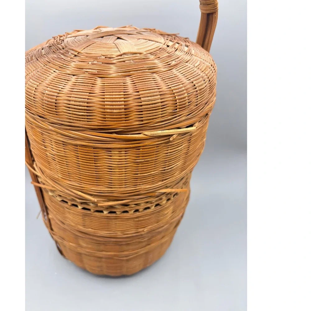 Vintage Chinese Wedding Basket 3 Tier‎ Woven Bamboo Wicker Tiffin Carrier 15